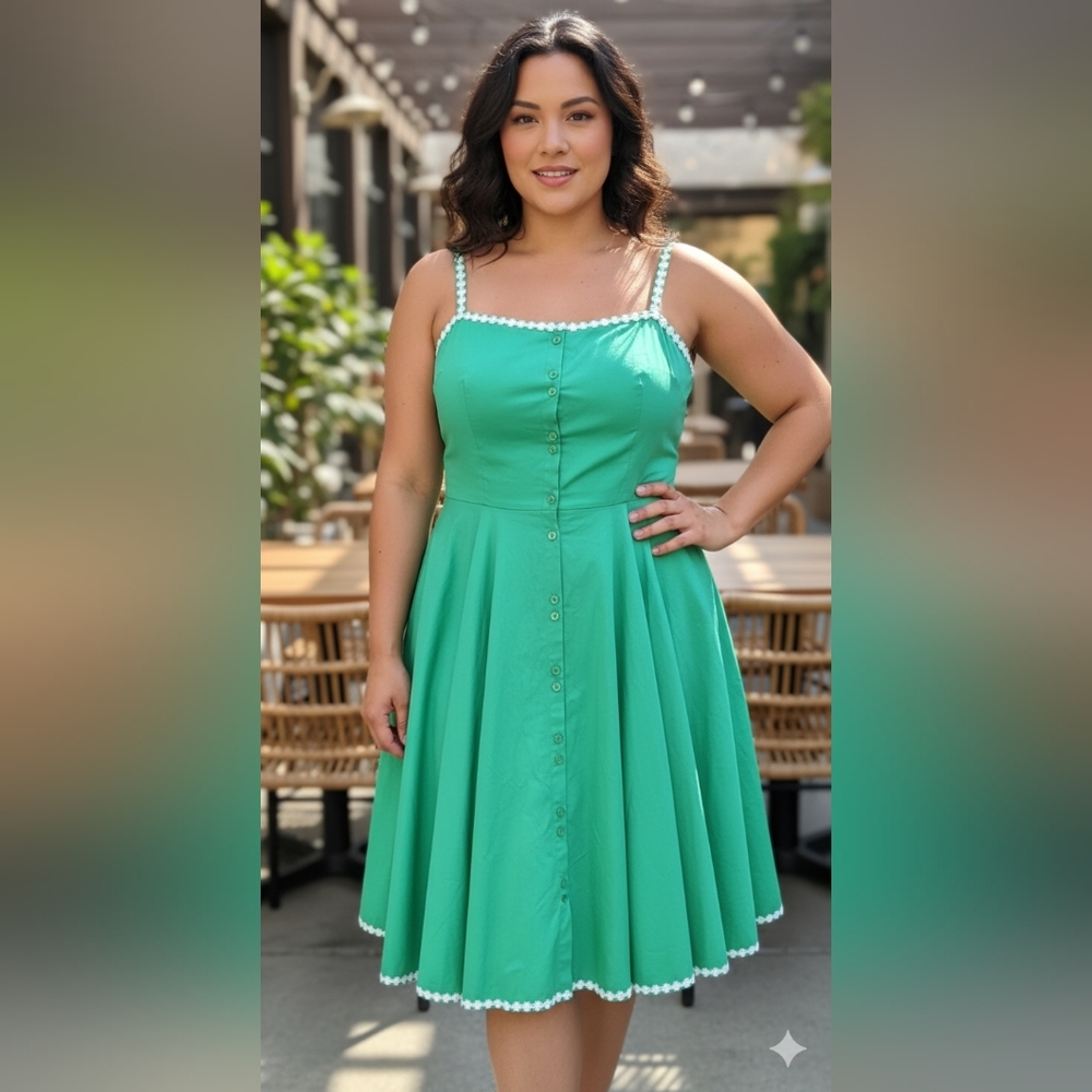 XXXL women  COLLECTIF Sleeveless Green Button Dress Fit & Flare